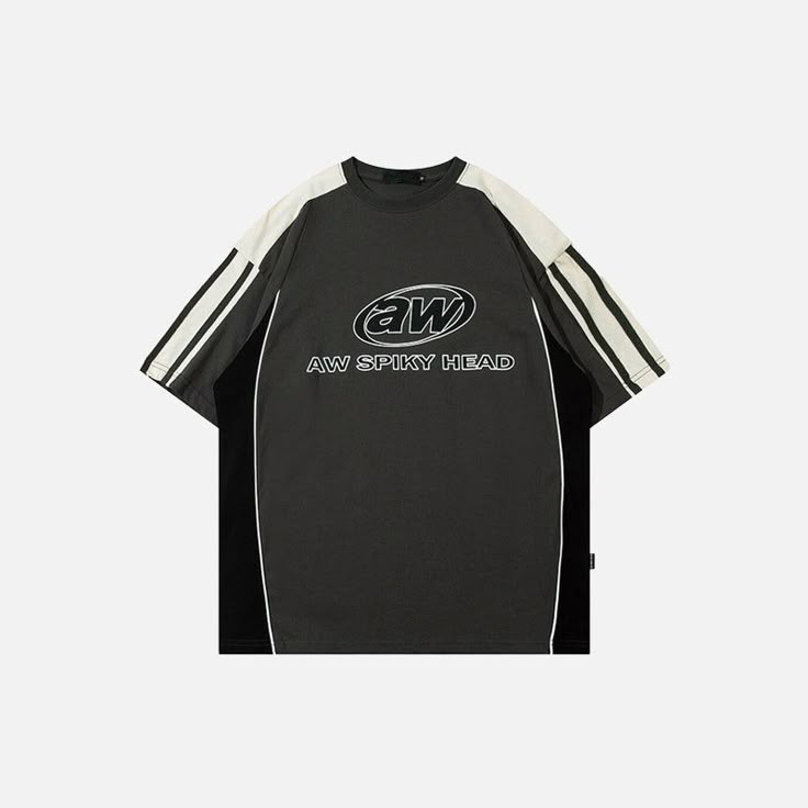 Retro Stripe Sleeve Baggy Fit Tee | Dark Grey/Black and White Streetwear Top