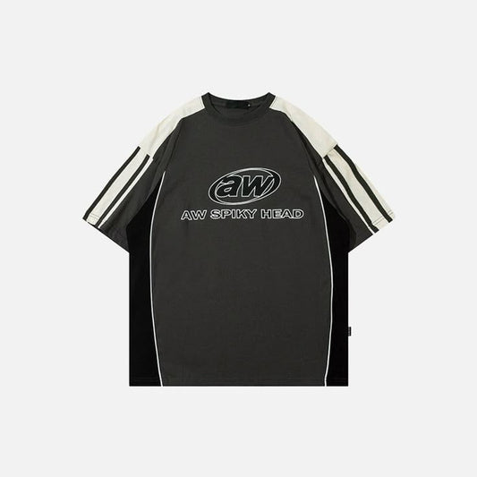 Retro Stripe Sleeve Baggy Fit Tee | Dark Grey/Black and White Streetwear Top