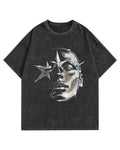 Futuristic Cyberpunk Star Graphic Washed Black T-Shirt | Edgy Streetwear Oversized Fit