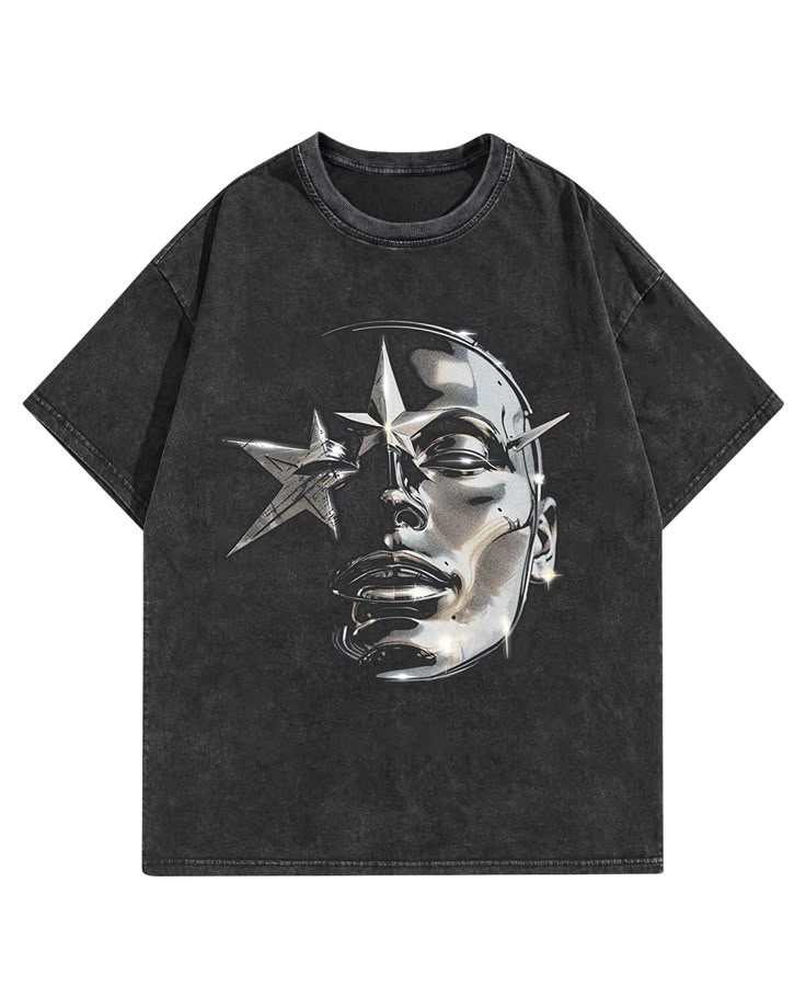 Futuristic Cyberpunk Star Graphic Washed Black T-Shirt | Edgy Streetwear Oversized Fit