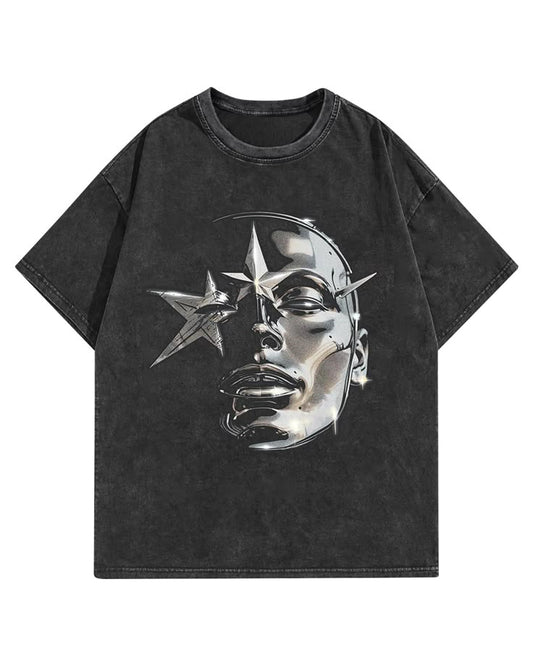 Futuristic Cyberpunk Star Graphic Washed Black T-Shirt | Edgy Streetwear Oversized Fit